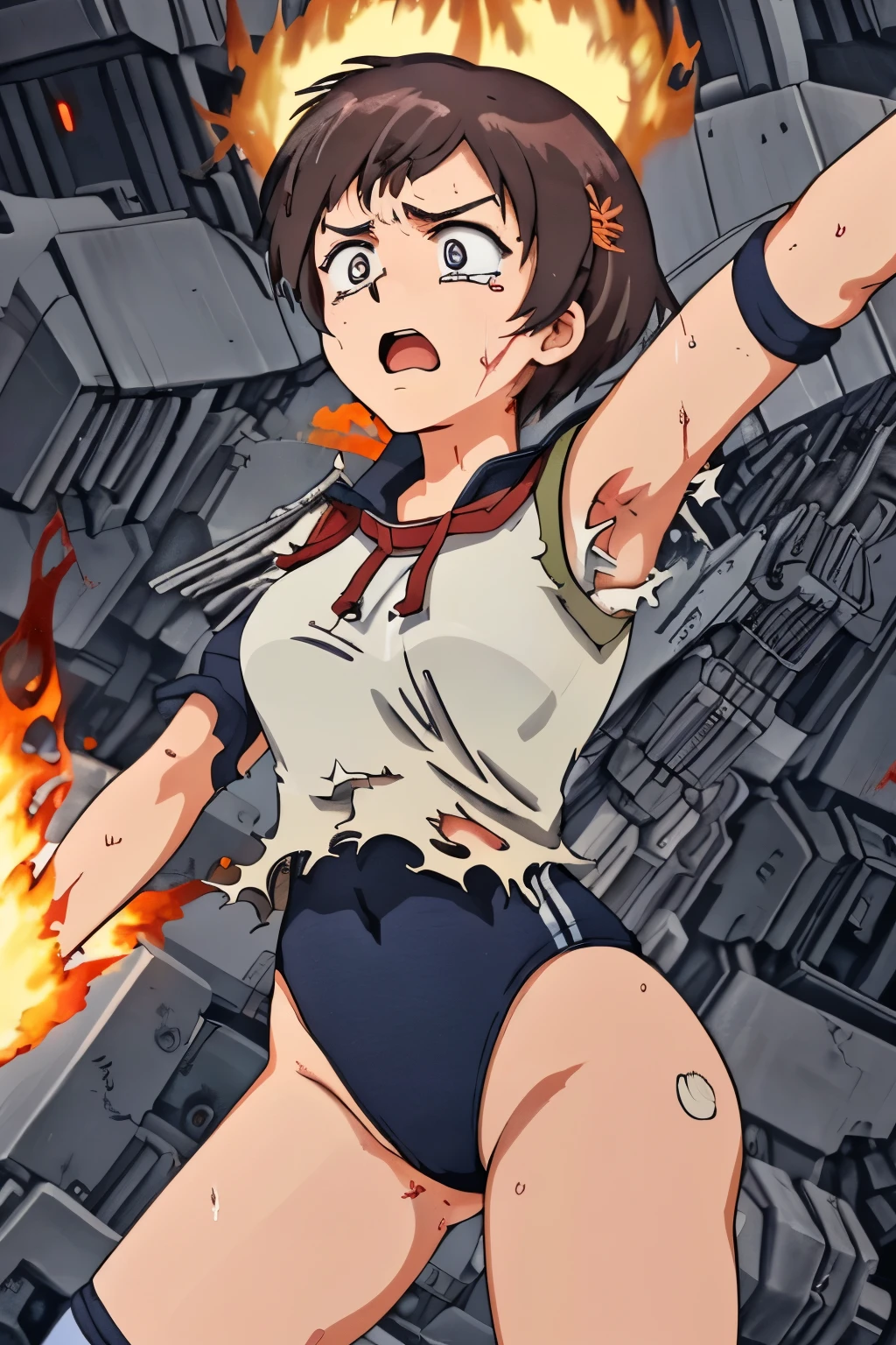 cockpit_explosion, fire, electricity, screaming, explosion, science fiction, wide-eyed, tearing clothes, standing,spread legs, blood, scared, sweat, crying, mecha, torn clothes, tears, cockpit,1girl、wearing black gymnastics bloomers,high leg,white blouse,cowboy shot,self wedgie,bloomers pull myself,lean back,bend herself back, bend backward、skewers、arching her body backwards,shrimp warp