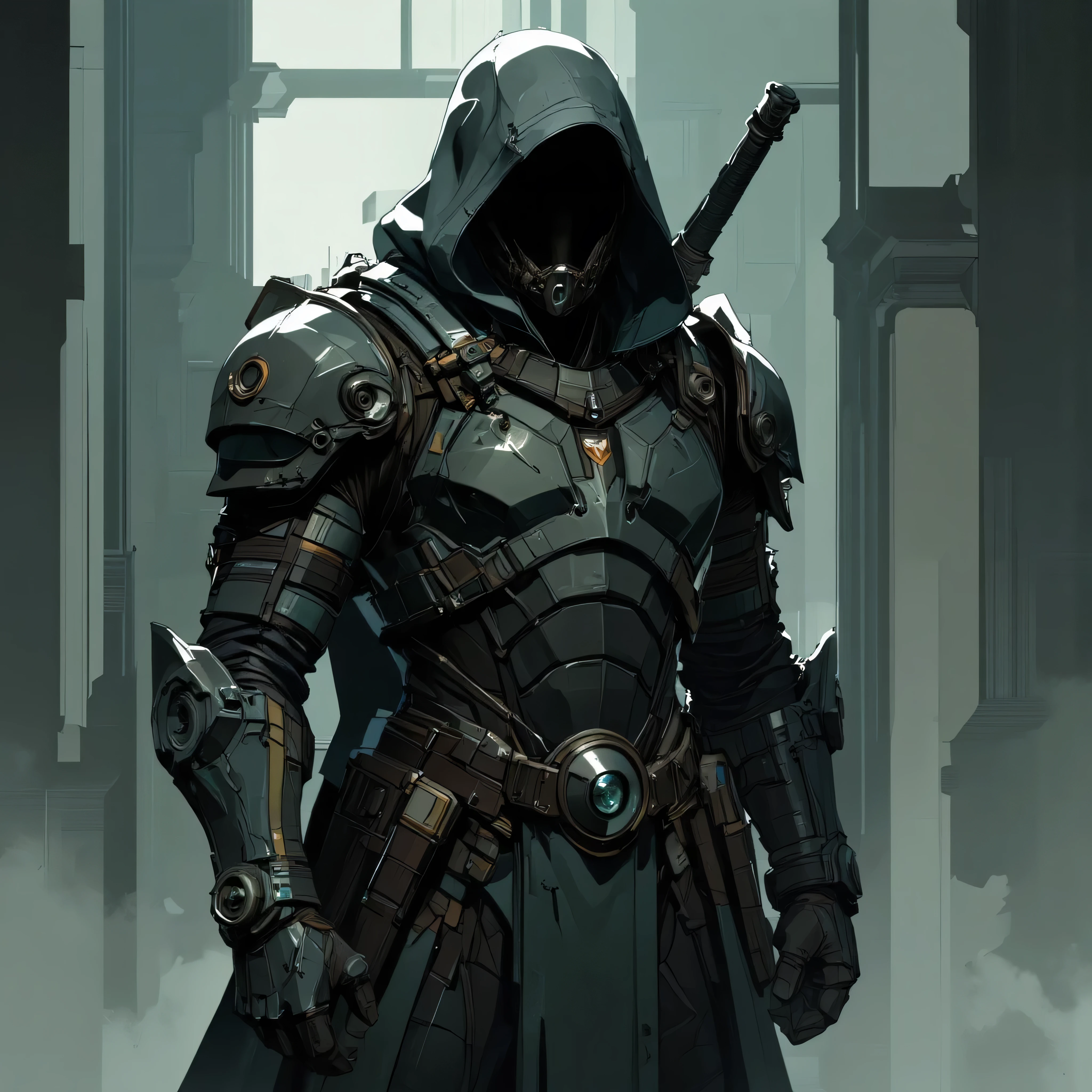 A full-body portrait of a futuristic armored warrior wearing a hooded cloak, standing still in a cold, desaturated environment. The armor is dark, matte black and gray, made of modular mechanical plates, with tactical components and sci-fi detailing — wires, panels, and reinforced joints. The figure is heavily geared with high-tech attachments, subtle utility pouches, and a sheathed katana on the back. The face is completely obscured under the hood, adding a mysterious, faceless silhouette. The lighting is minimal, with soft ambient shadows and low-contrast fog in the background. The atmosphere is muted and dystopian, giving a gritty and industrial tone. No bright colors, only shades of gray, black, and desaturated steel. Concept art style, cinematic framing, ultra-detailed rendering, 4K resolution, photorealistic textures, static pose, center composition.