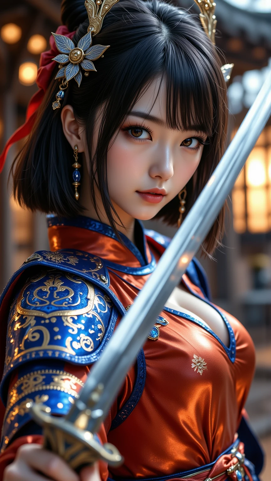 1 girl、(Japanese samurai blue armor warrior:1.2)、Woman wearing multiple layers all over her body、(Orihalcon heavy metals:1.2)、(Orichalcum armor with a complex shape:1.2)、no underwear、（Sit on a stool）、perfect anatomy、World view of the Sengoku period、Detailed mandala background、glowing skin、small breasts、A cup、nipple、straight hair、Nicely aligned neckline、full body、 ArtGerm, Super detailed, Intricate and detailed art of color trends in the Art Station Triad, intricate details, 8K resolution