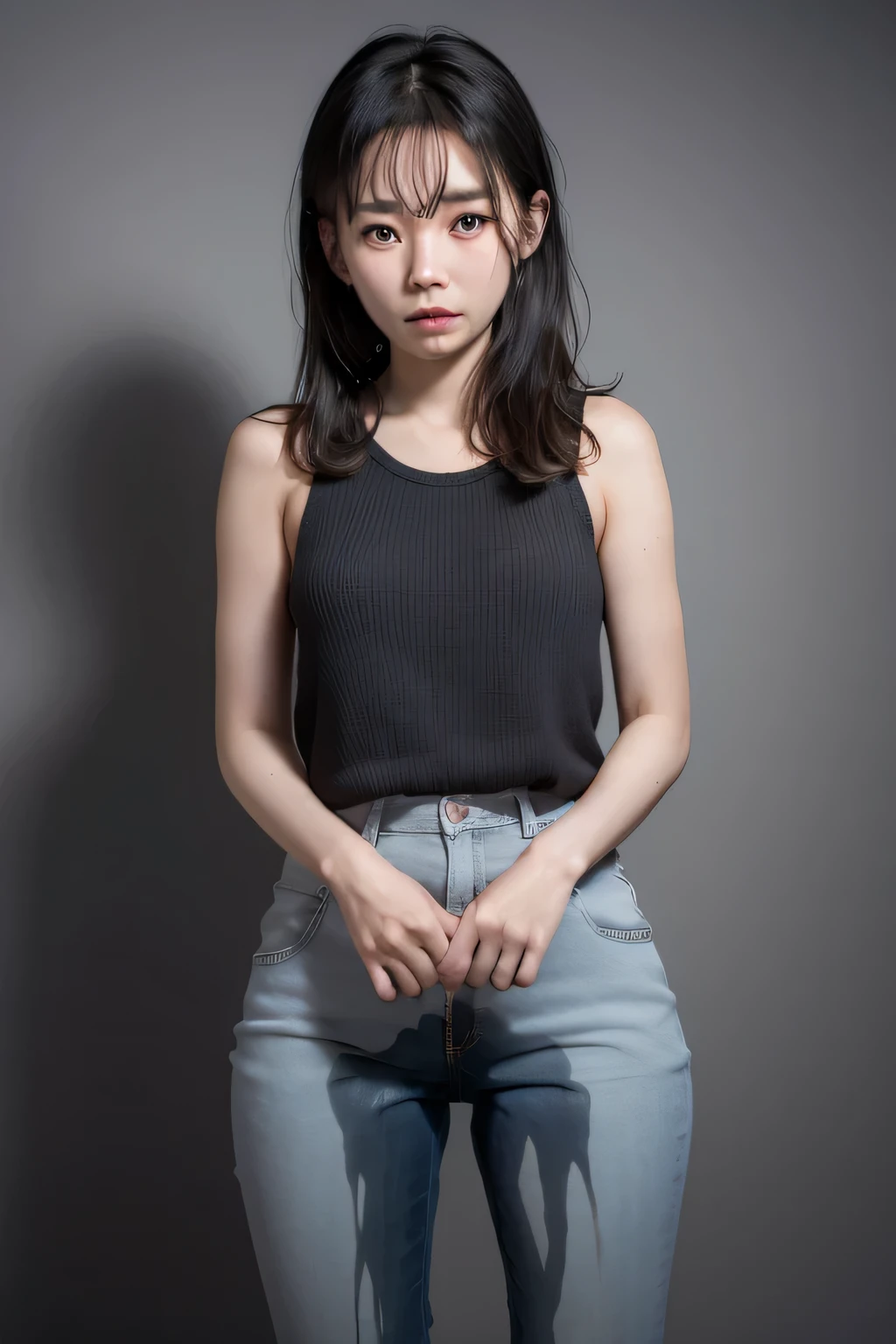 Quiet adult Chinese girl. Tears, tears, cry, tearful eyes. I peed my pants. Wearing only underwear. Monochromatic solid background.
