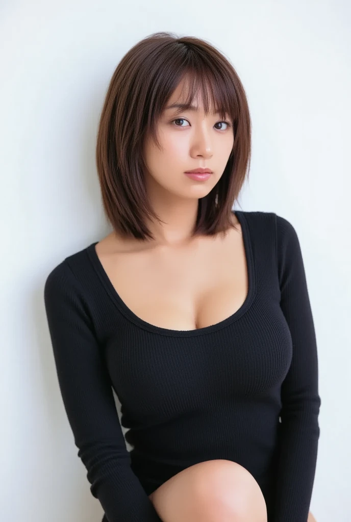 (highest quality,8k,32k,masterpiece,Ultra-high resolution:1.2),((Sexy expression:1.2)), ((Beautiful bangs:1.5)), Positive, Professional Lighting, Flash photography, Shaded photo,((Cleavage:1.5)),((small breast)), Upper Body, Face Focus, Choker Necklace, Plain grey background, ((black clothes with a wide open chest:1.2, Tight clothing:1.2)), ((I can't look directly at the nipples:1.5, Know the shape of your nipples:1.6))