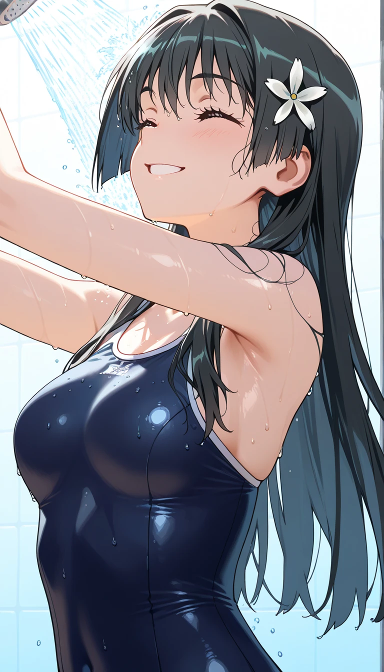 ((highest quality)),(ultra high resolution),(Super detailed),(detailed description),((best CG)),(best work of art),super precision art,great drawing art,(Art with precise details:1.5), (1 woman:1.8),high school girl:1.5,(beautiful and well-shaped face:1.5),cheerful smile:1.6,(Wet swimsuit depicted in precise detail:1.7),((small breasts:1.8)), outdoor pool:1.5,dazzling sun:1.5