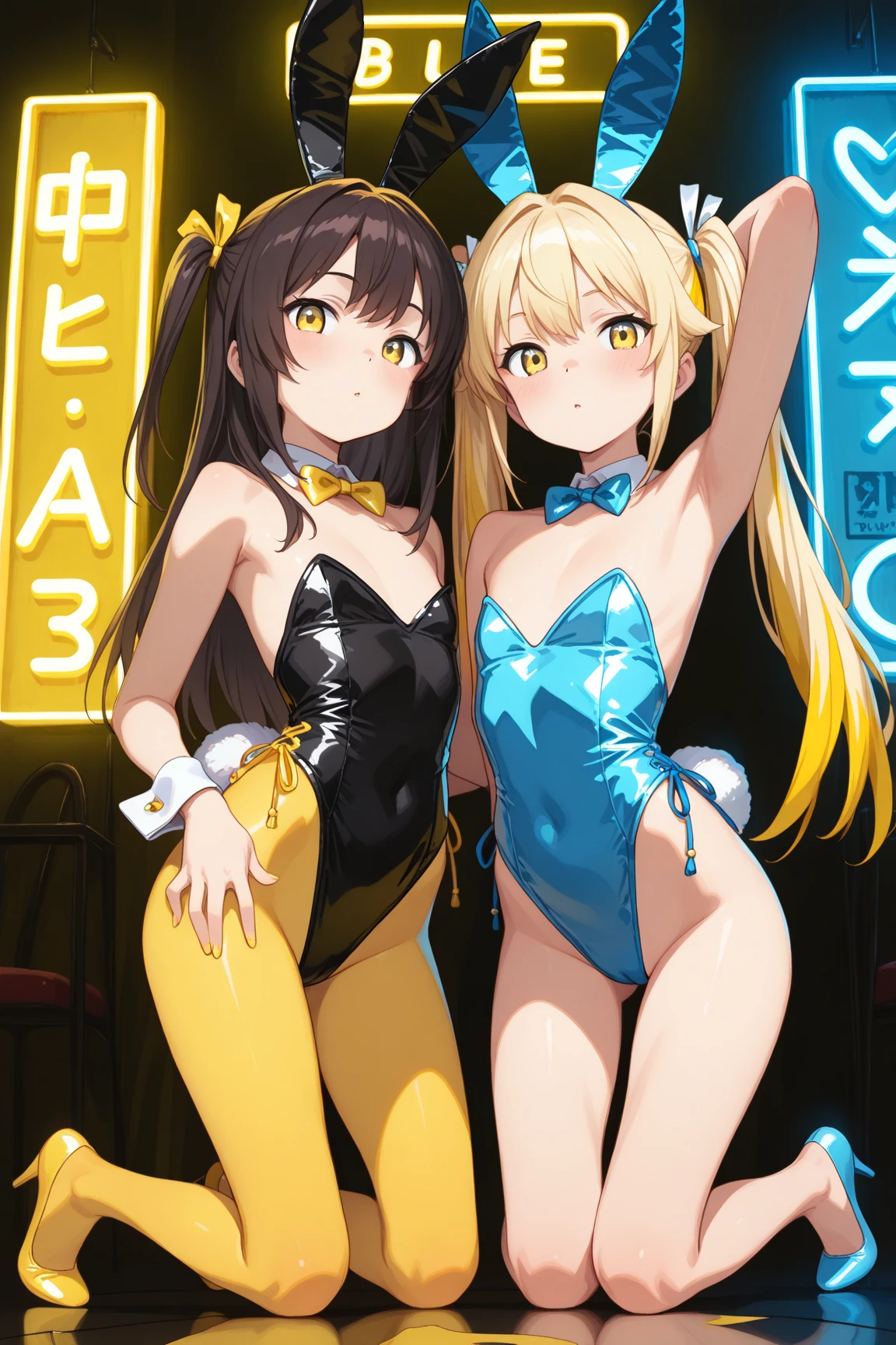 1girl, solo, long hair, breasts, looking at viewer, blush, smile, open mouth, bangs, large breasts, black hair, ribbon, navel, bare shoulders, twintails, swimsuit, hair ribbon, yellow eyes, bikini, cowboy shot, dark skin, stomach, dark-skinned female, black bikini, arm behind back, yellow ribbon, zoom layer