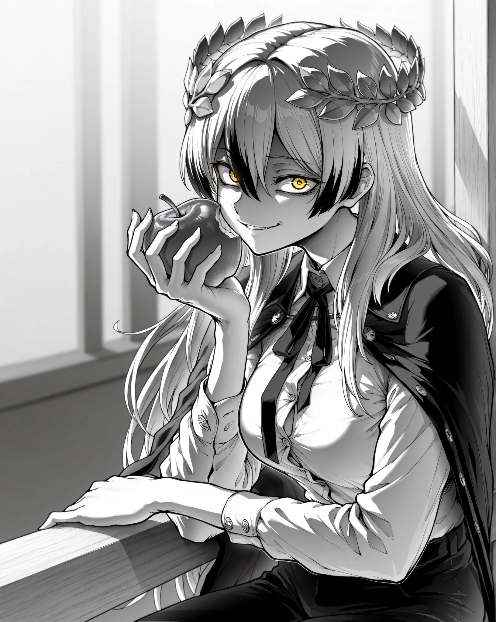 masterpiece, best quality, amazing quality, very aesthetic, high resolution, ultra-detailed, absurdres, (hands:-0.22),
1girl, woman, solo, mature woman, (looking at viewer, portrait, medium shot:1.19), LineAniAF, monochrome, greyscale, ebiblue, (coloured eyes, wide eyes, crazy eyes, smirk:1.01), black and white hair, hair between eyes, golden eyes, very long hair ,(two tone hair, multicolored hair:1.13),laurel crown, dress shirt, buttoned up t-shirt, black overcoat, jacket cape, formalwear, suit and tie, medium breasts, capelet, eating an apple, sitting on windowsill,
BREAK, depth of field, volumetric lighting