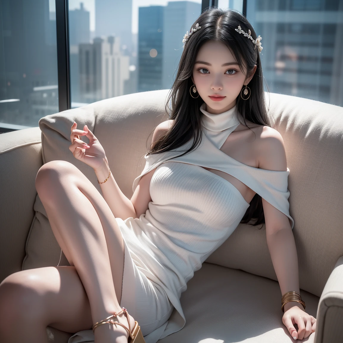 Top quality、8k、(Masterpiece:1.3)、Extremely delicate and beautiful girl,full-body shot,(medium breasts:1.4),Wear big earrings,Very white skin,moist red lips,Waist is very thin,Thighs are very thin,big butt,fair and smooth skin,Smooth and fair skin,flawless skin,Fair and shiny skin,cold white skin,The camera focuses on the chest,Bright light,White tube top dress,bare shoulders,white hair,hair is white,heavy snow,snow mountain,sunset,Rizhao Jinshan,happy,(solo:1.41),(1girl:1.42), show nipples, show vagina, spread legs.