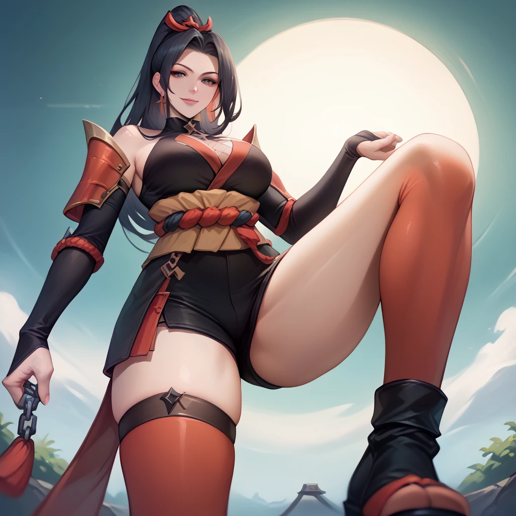 masterpiece, high resolution, best quality, rendered art, beautiful art, well formed fingers and hands, 1 woman, solo, Ganyu, goat horns, adult, grown up, 31 years old, large and round breasted, cleavage, full body, wearing a Iroha Samurai Spirits cosplay, Iroha_Samurai_Spirits_cosplay, maid hat, choker, fingerless gloves, black tights, sexy and skimpy kimono, pelvic curtain, white maid uniform, fighting in a combat match, showing her fighting skills, making her guard, about to hit the viewer, looking at the viewer, sweating, bouncing breasts, smiling joyfully and brightly, being confident and proud, action and fighting scene, fighting cage on beach environment.