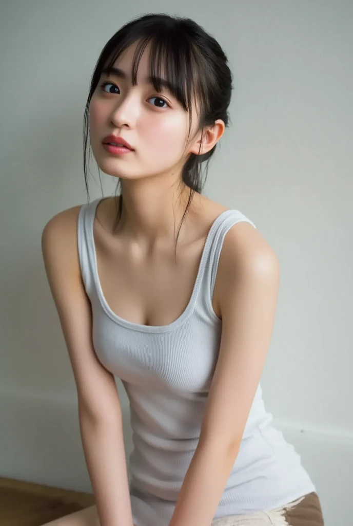8K quality、High resolution、Realistic skin texture、High resolutionの瞳、woman、Japanese summer high school girls uniform、Princess Hair、thin、リアルなwoman性器、Small and young breasts、Realistic tongue、Beautiful cleavage、Brown Hair、thin脚、Sweating profusely、Sweat accumulates in the chest、Evening schoolyard、Shooting from the side