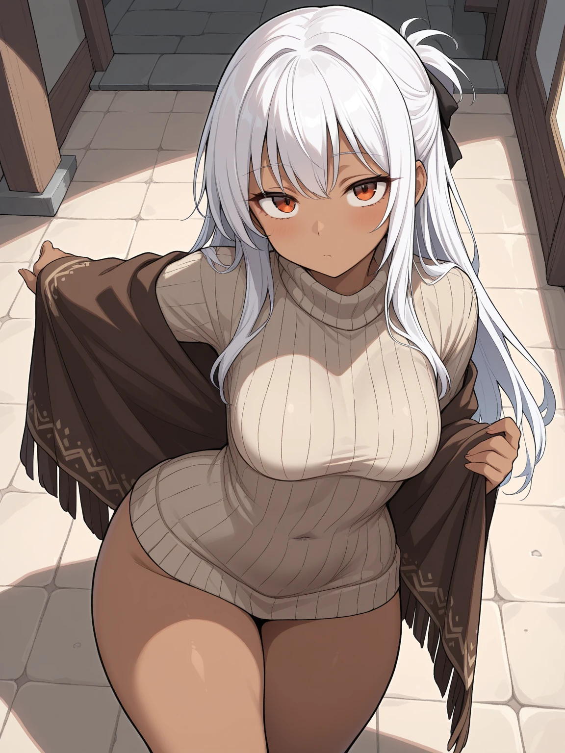 (harayutaka art style:0.7), score_9, score_8_up, score_7_up, score_6_up, uncensored, olgamarie, yellow eyes, white hair, long hair, side braid, BREAK (masterpiece:1.2), best quality, high resolution, (detailed eyes:1.3), perfect lighting, (perfect hands, perfect anatomy), hearts, pleasured, large breast, sagging breast, virgin_destroyer_sweater, navel, indoors, living room, standing, hands on hips, bored expression, from below, looking down, 