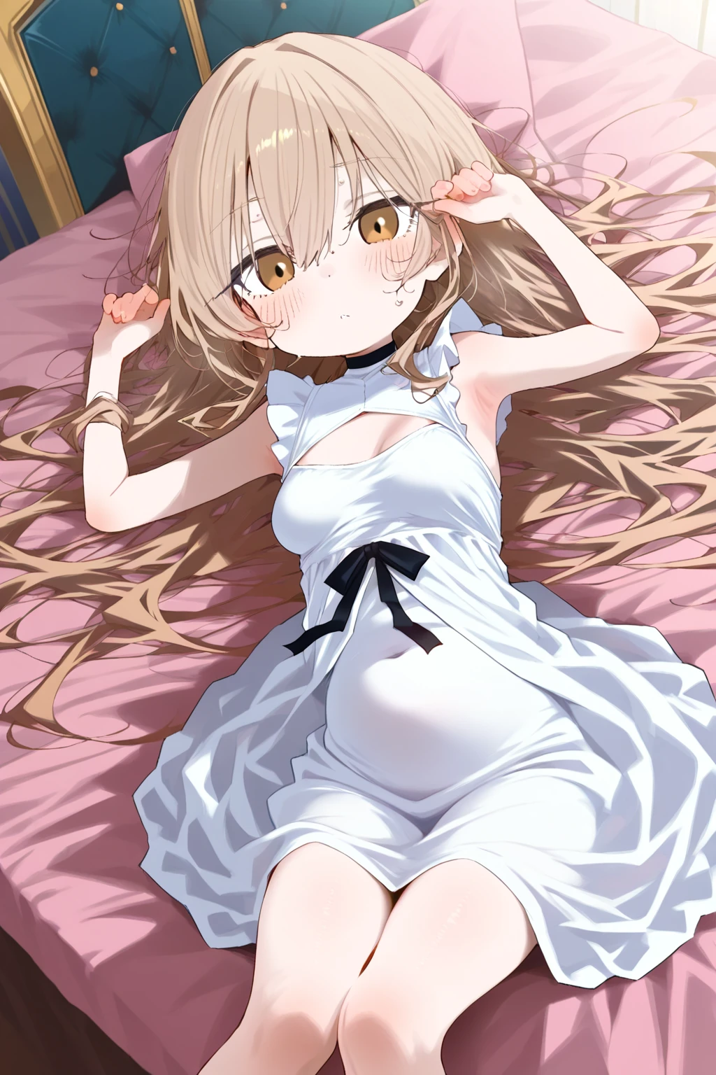 Clothed, silk gown, fed, satisfied, comfy, sleeping in cage, Mousegirl, mouse girl, cute mouse tail, gold hair, small golden mouse, prone, lying flat, pure gold fur, mouse ears, mouse whiskers, skinny, baby, young, emaciated, Skin and bones, Skeletal, ribs showing, anorexic, highest quality, high res, masterpiece
