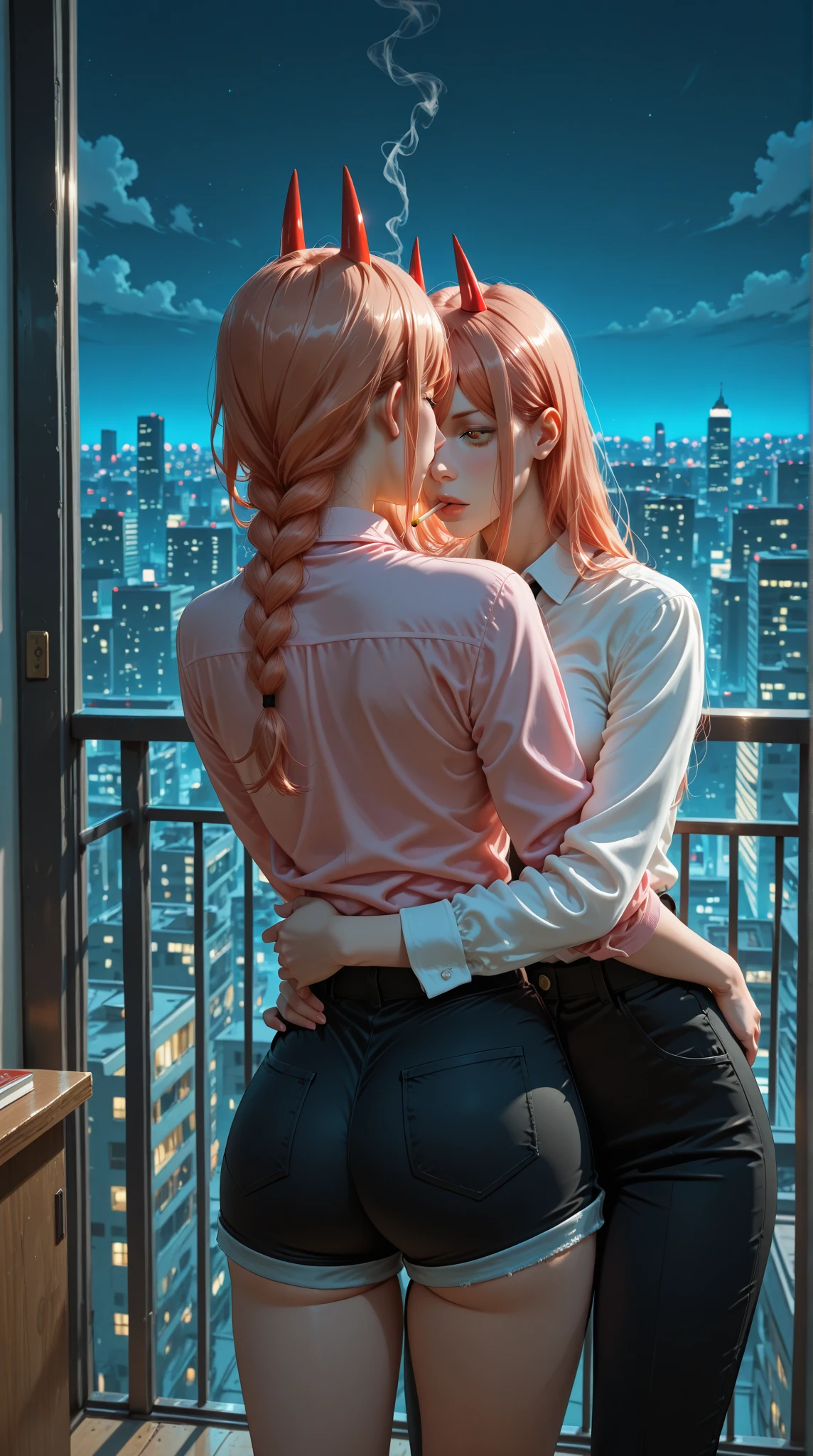 score_9, score_8_up, score_7_up, score_6_up, 2girls, chainsaw man makima and arcane jinx, yuri, girlfriends, lovers, kissing, city rooftop, night, cinematic lighting. Absolute perfection
