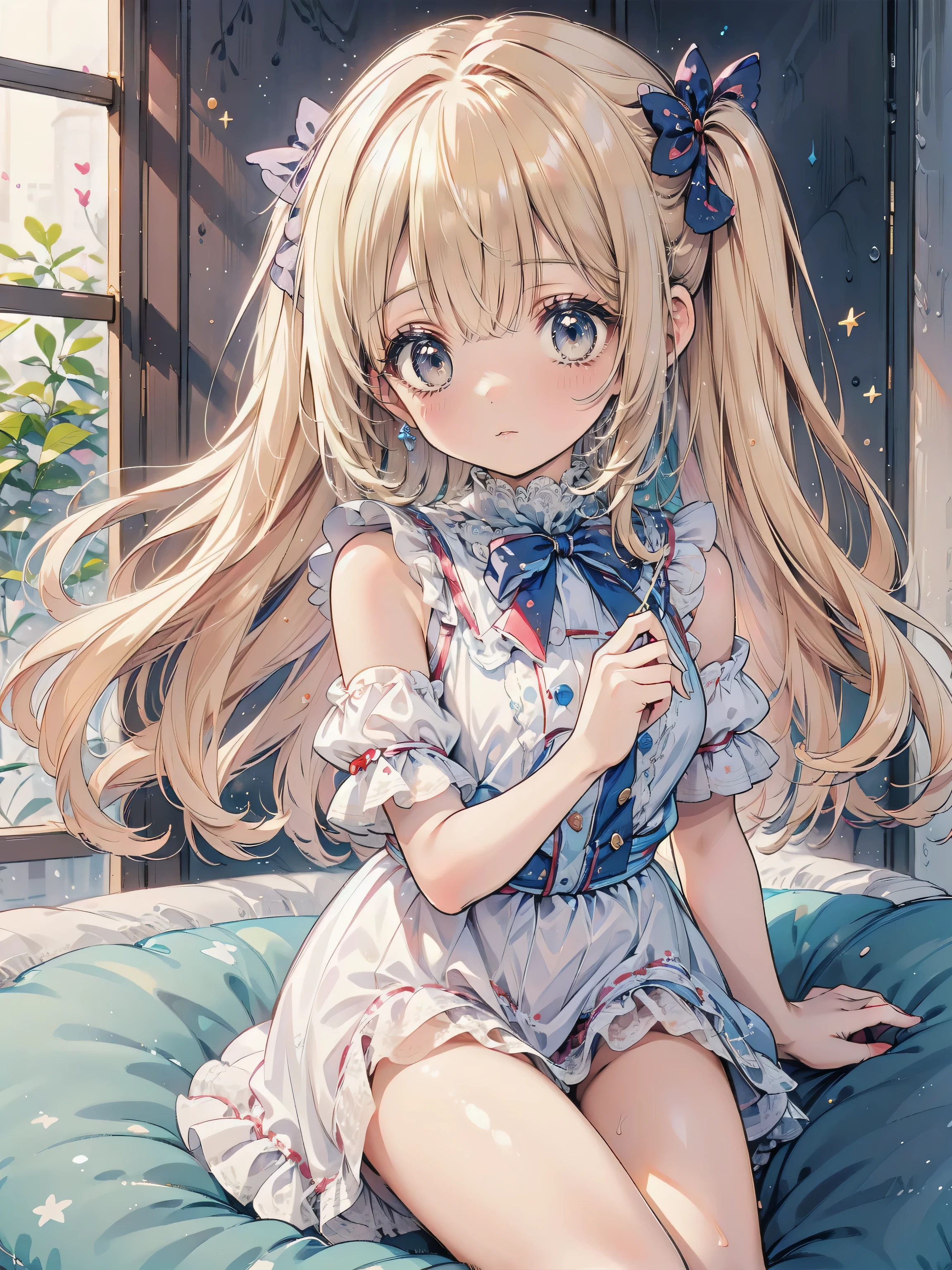 Dots are、明るいピンクの頬、she has golden blonde hair with wavy bangs.、she'dark-skinned girl, she is wearing a bright red headband with a ribbon on the right side of her head.. Dots are、she wears a shiny pastel blue and scarlet red dress with a small ribbon belt around her waist。, white collar, 4 crimson buttons, Bright red lining. sheのドレスの下には赤と淡いブルーのチュールスカートがある.. she also、Red top with white socks、she is wearing carnation pink high-top sneakers with bright red shoelaces, Shine; glitter, (NSFW:1.4), (1girl), (flat chest:1.1),