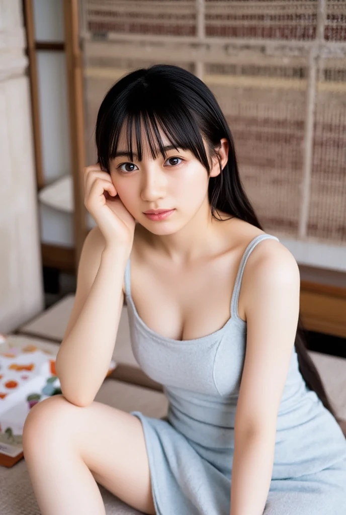 seductive smile, masterpiece, mieruko, miko yotsuya, wearing black tanktop, armpits, armpits visible, dark blue hair, yellow eyes