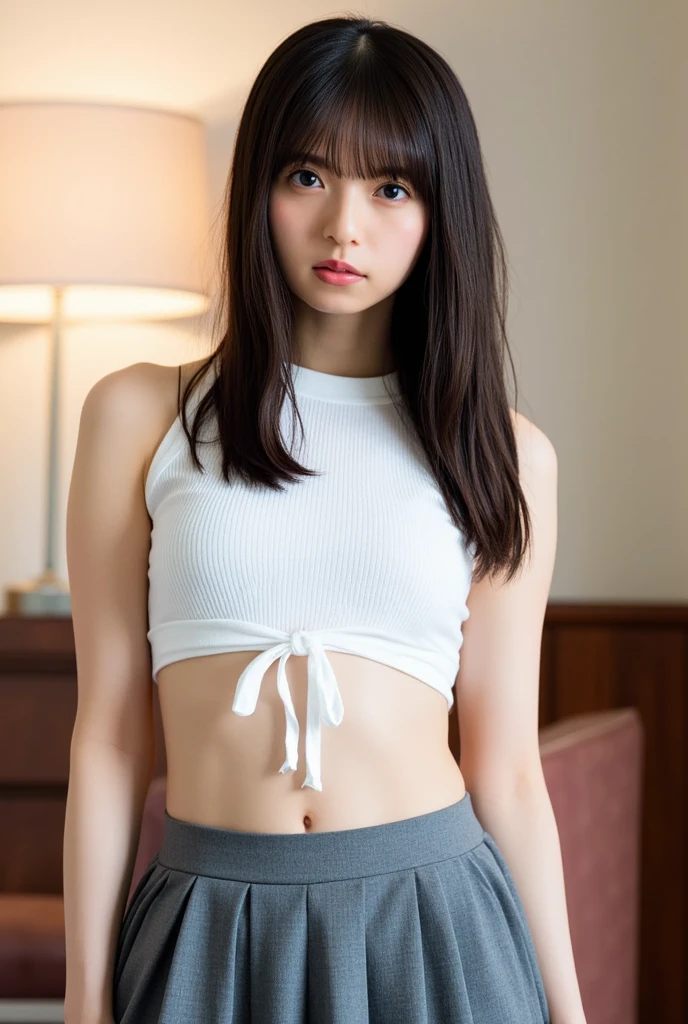 (１男性とのSex)(((vagina,Sex)))(((Anal,Sex)))Lift your legs、Very beautiful face、Baby-like face、Highest quality、masterpiece、Brown Hair、Light knitwear、Beautiful Valley、thin、Best image quality、Highest quality、masterpiece、Ultra-high resolution、(Realistic:1.4)、Highly detailed and professionally lit smiles、Shoulder out、thin、Serious expression、ponytail、Deadly position、Very detailed((Black thigh-high socks))、Eye on the details、、Sharp focus:1.2、Beautiful woman:1.4、(No panties)