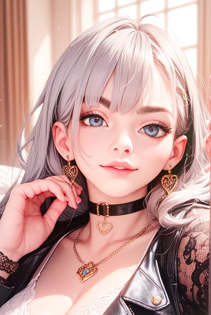 A beautiful young woman, 1girl, hourglass figure, seductive pose, fishnet dress, silky white hair braid, heavy silver jhumka earrings, necklace, anklet, cleavage, detailed face with stunning magenta eyes, full lips, flawless makeup, dark cinematic lighting, dramatic photorealistic effect, masterpiece-level 8K rendering, ultra-detailed, realistic, photo-realistic, HDR, UHD, studio lighting, ultra-fine painting, sharp focus, physically-based rendering, extreme detail description, professional, vivid colors, bokeh, smiling, full body view, bangles