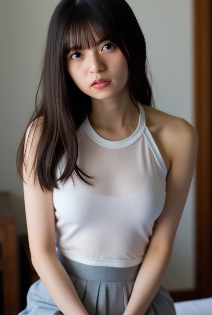 (((Bird-eye perspective))), (((panty shot:1.3,))), (((laying in bed:1.5, Bend your knees and lift your legs.))), (((dressing:1.5)))) (((The garment is worn reliably......:1.5))), ((Reliable Dress:1.5)), (((The lower part of the body is bare)))), (((bath towel tube top, White panties)) ), smiling smile, 1girll, 独奏, 18 years-old, 7 Head Body, Ideal proportions Body proportions, Erection nipples, long hair, A dark-haired, With bangs, tiny boobs, skiny, Small hips, beauty leg , hyperrealism, Cinematic lighting, depth of fields, One-person viewpoint, f/1.8, 135mm, NFFSW (english) (english) (english) (english) (english) (english) (english), masutepiece, ccurate, ((Anatomically accurate.)), textured skin, super detaill, high detailed, High Quality, Award-Standing, Best Quality, Hight Resolution, 8K