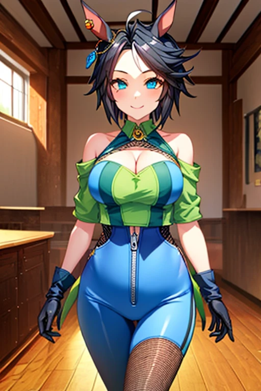 masterpiece, highest quality, best quality, official art, beautiful and aesthetic: 1.2), (1girl), extremely detailed, (fractal art: 1.3), colorful, highest detailed, perfect face, upper body, HDR, (prayer: 1.3), (dynamic stripes, luminous traces: 1.2), bright colors, dororo, standing, breast focus, breasts, large breasts, bare breasts, naked, nude, boob window, sexy, wide hips, thicc figure, Detailed blue eyes, Detailed face, Detailed eyes, perfect face, perfect eyes, wearing blue jumpsuit, jumpsuit, blue jumpsuit, breast window, naked breasts, smug, smug grin, smug expression, fangs