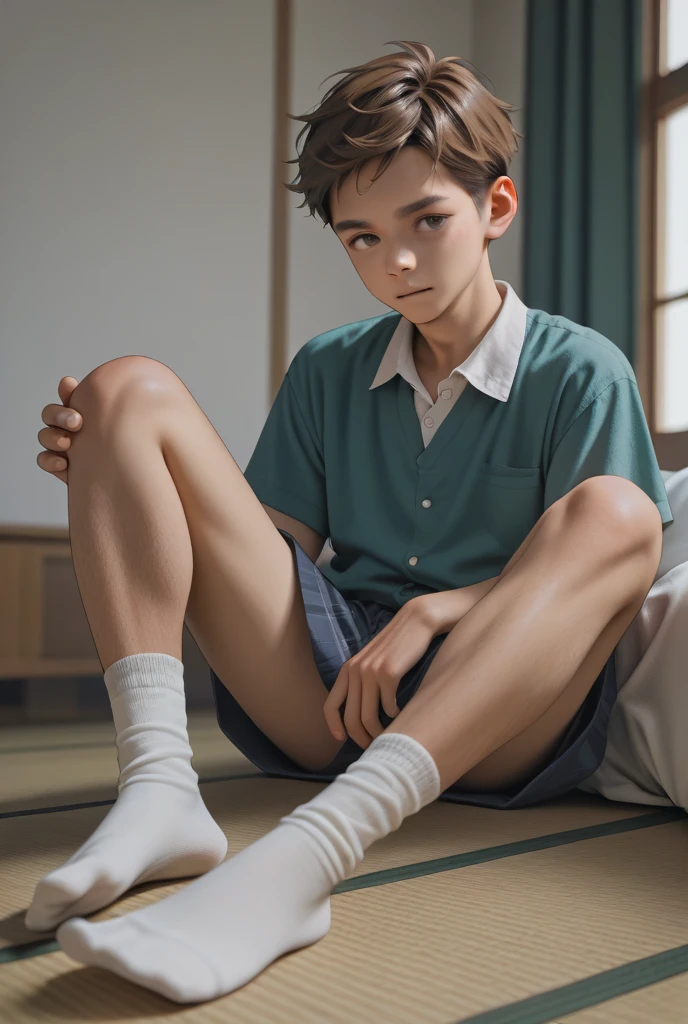 Handsome boy, white socks, eyes closed, tied