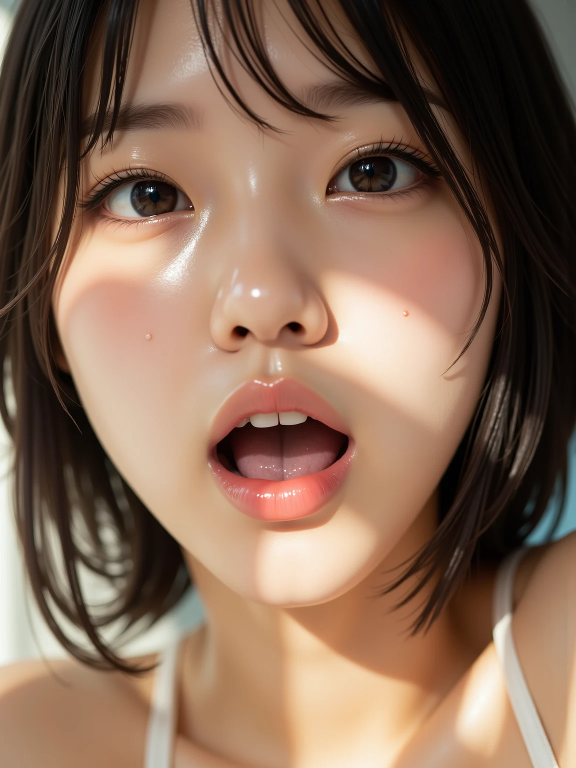 (Girl facial cumshot, Intense orgasm expression: 1.4), (Highly detailed facial textures: 1.3), (Climax moment, Euphoric face: 1.5), (Young, seductive girl: 1.3), (Ultra-realistic, Ultra high definition: 1.5), (Close-up shot, Intimate moment: 1.2), (High contrast lighting: 1.2), (Expressive eyes, Intense gaze: 1.4), (Wet, glistening face: 1.3), (Lost in pleasure, Uninhibited expression: 1.3),