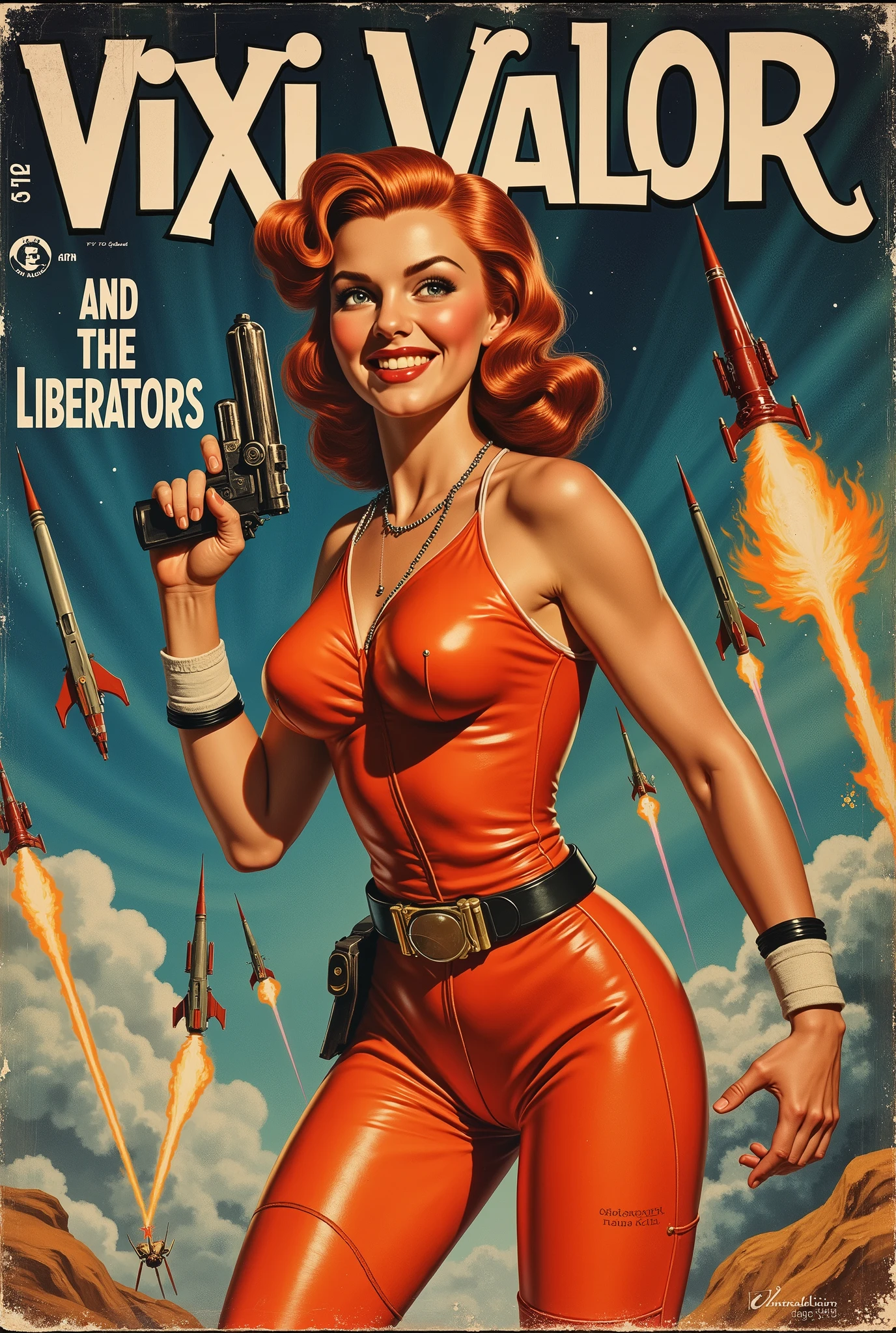 Cover of a 1936 pulp magazine named 'VIXI VALOR and the Liberators', the cover has an acrylic painting retro-sci-fi illustration of an attractive 20 year old woman with red hair in a 30's hairstyle. She wears a tight-fitting spacesuit and is armed with a sci-fi raygun pistol. She is in a dramatic action pose, and she is smiling fiercely. In the background: two fleets of long, phallic buck rodgers-style rocketships dogfight in a space battle, firing lasers, jets of flame roaring out of their exhausts