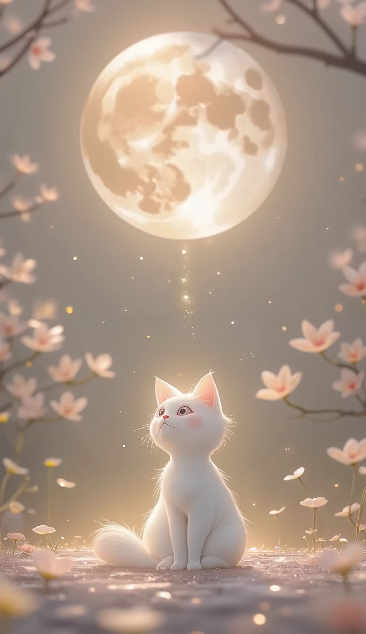 Big bright full moon 、 Sequins 、 starry sky studded with glitter 、 pink and light blue gradation、Large cherry blossom trees 、 Fluttering Petals 、Beautiful cat looking up at the moon 、 no people 、