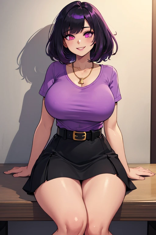 (solo) female , black short hair bob cut, woman (big breasts:1.5), attractive, purple shirt, tight black skirt, lab coat fit body, thicc, freckles, freckles on face, smug eyes, (happy expression), she is sitting look to the viewer , violet background, simple background, thick thighs (front view) high heels (white panties)