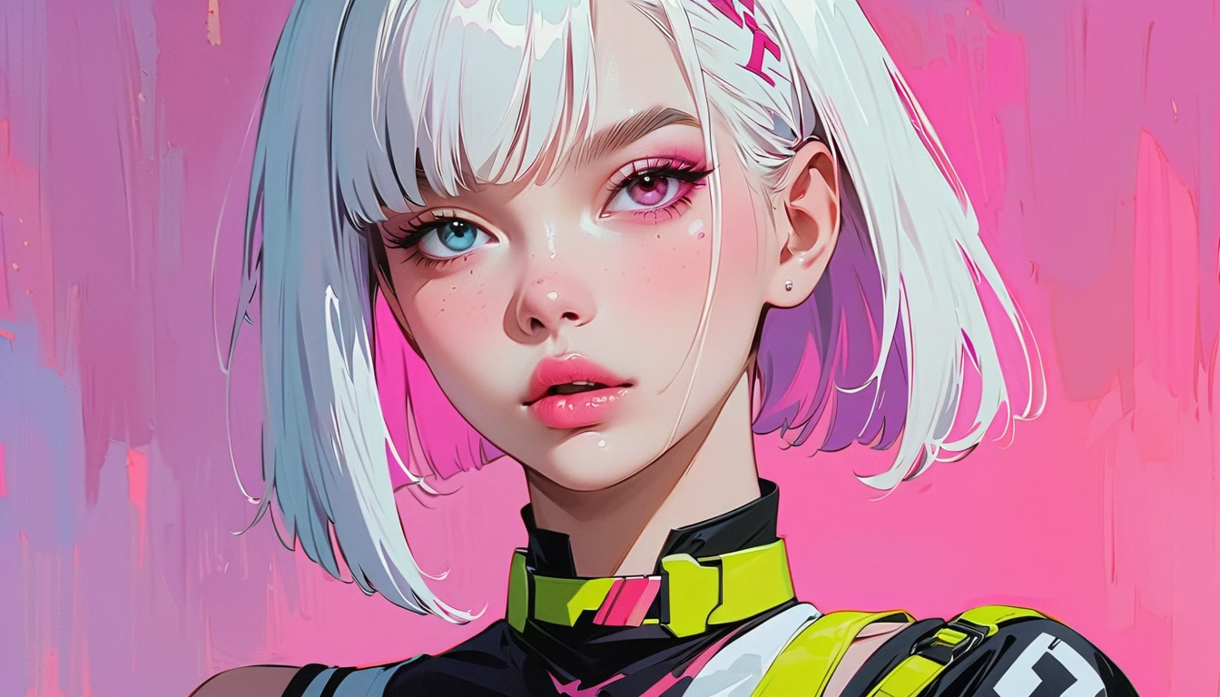 futuristic clothing, cabelo rosa chanel, blue colored eyes, pale skin, demon, claws, bangss, gothic art, full body shot shot, elegant pose, ssmile, Romanticism, work of art, anatomically correcte, high qualiy, super detaill, best qualityer, 4K, 8k, Perfect Woman, the most beautiful woman, her face has to be symmetrical and beautiful, baby pink hair, best qualityer final, beautfull woman, speech bubble, Galaxy,60s,70s,80s,colorfully,cosmo,space, VERY DETAILED EAR FLARERS, pink chanel hair, wear t-shirt written karry66, very detailed hand in 8k