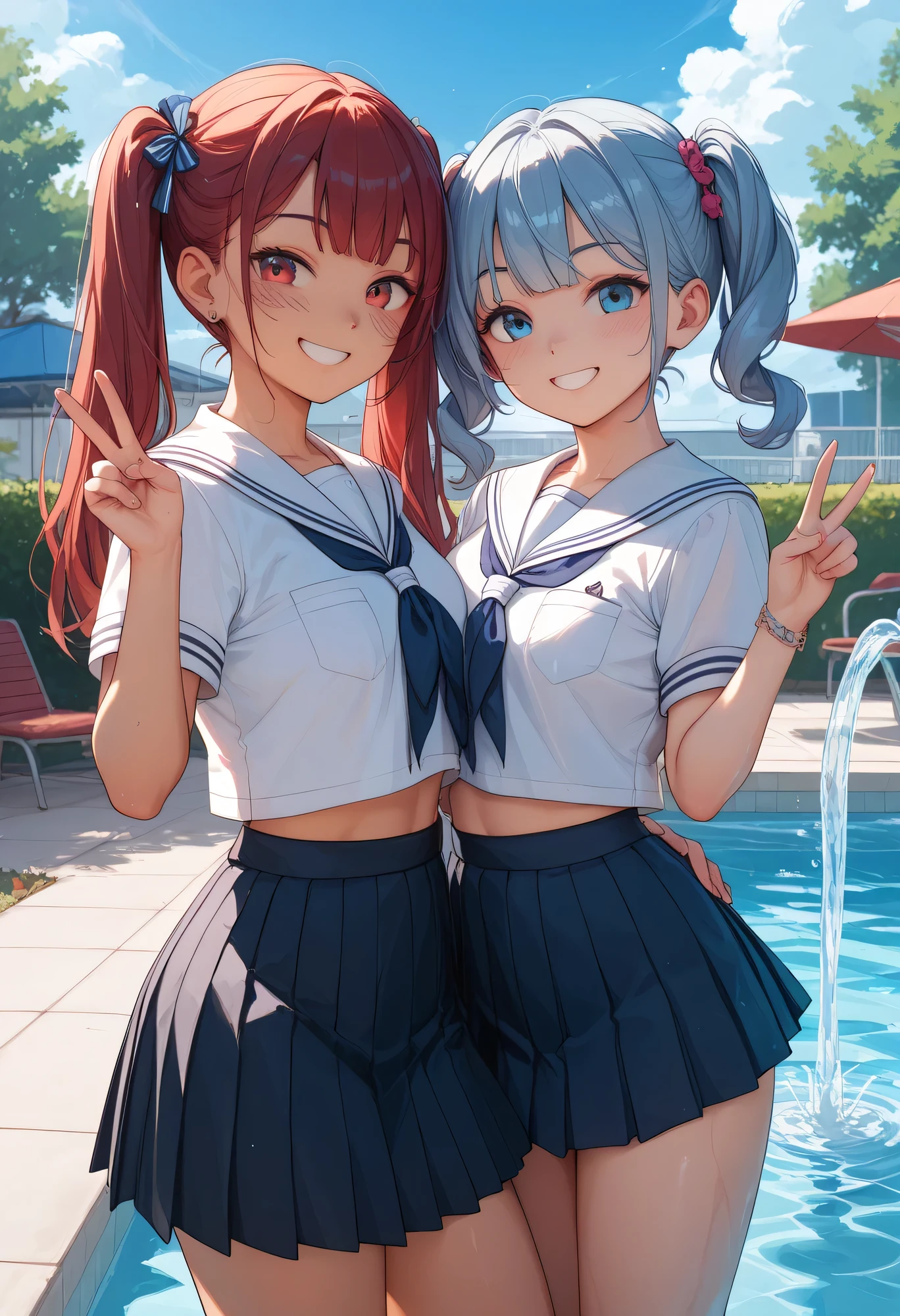 best quality、masterpiece、blue sky、school pool with drinking fountain、white sailor suit、dark blue pleated skirt、twin tails、peace sign、sunburn marks、 2 Women Seated 、Lift up the skirt and show off the white lace pants、smile、cute
