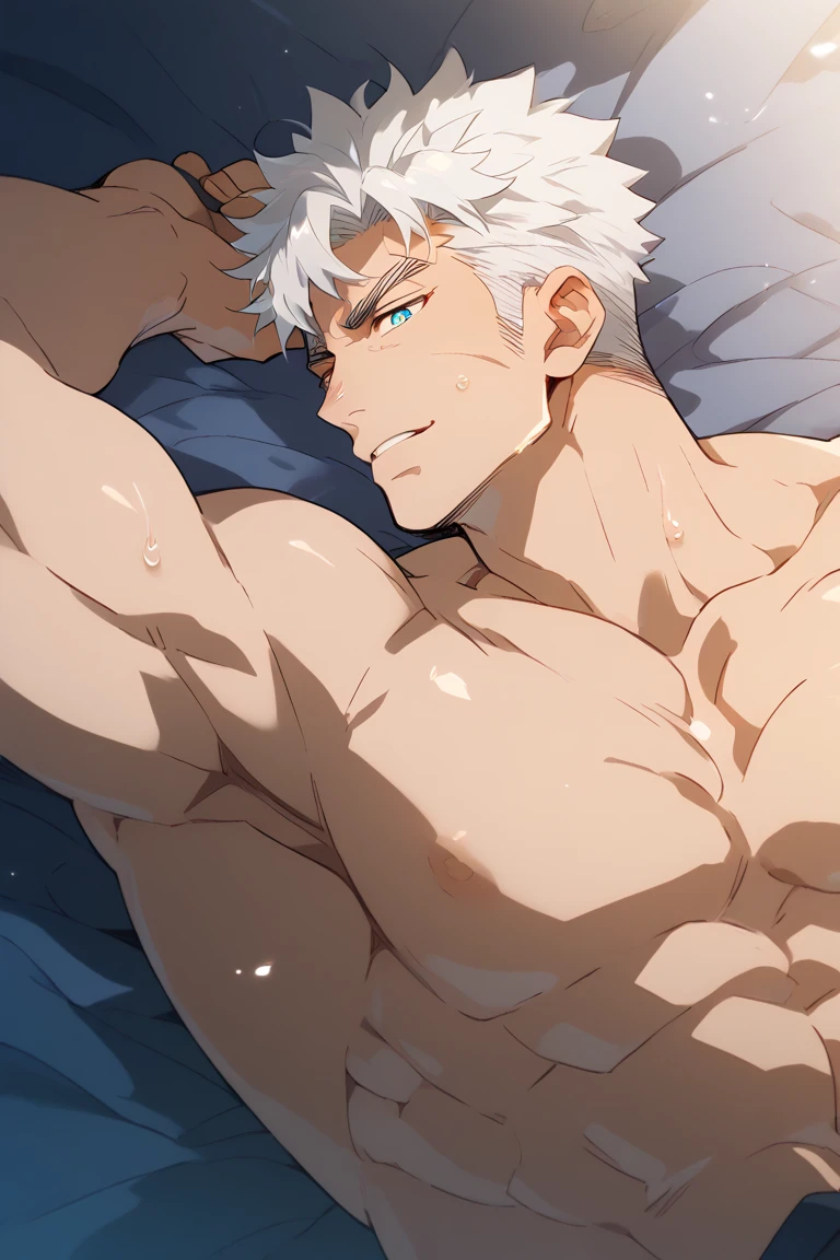 musculature,chest muscle,Abs,Abdominal hair,White hair,male people。 --auto
