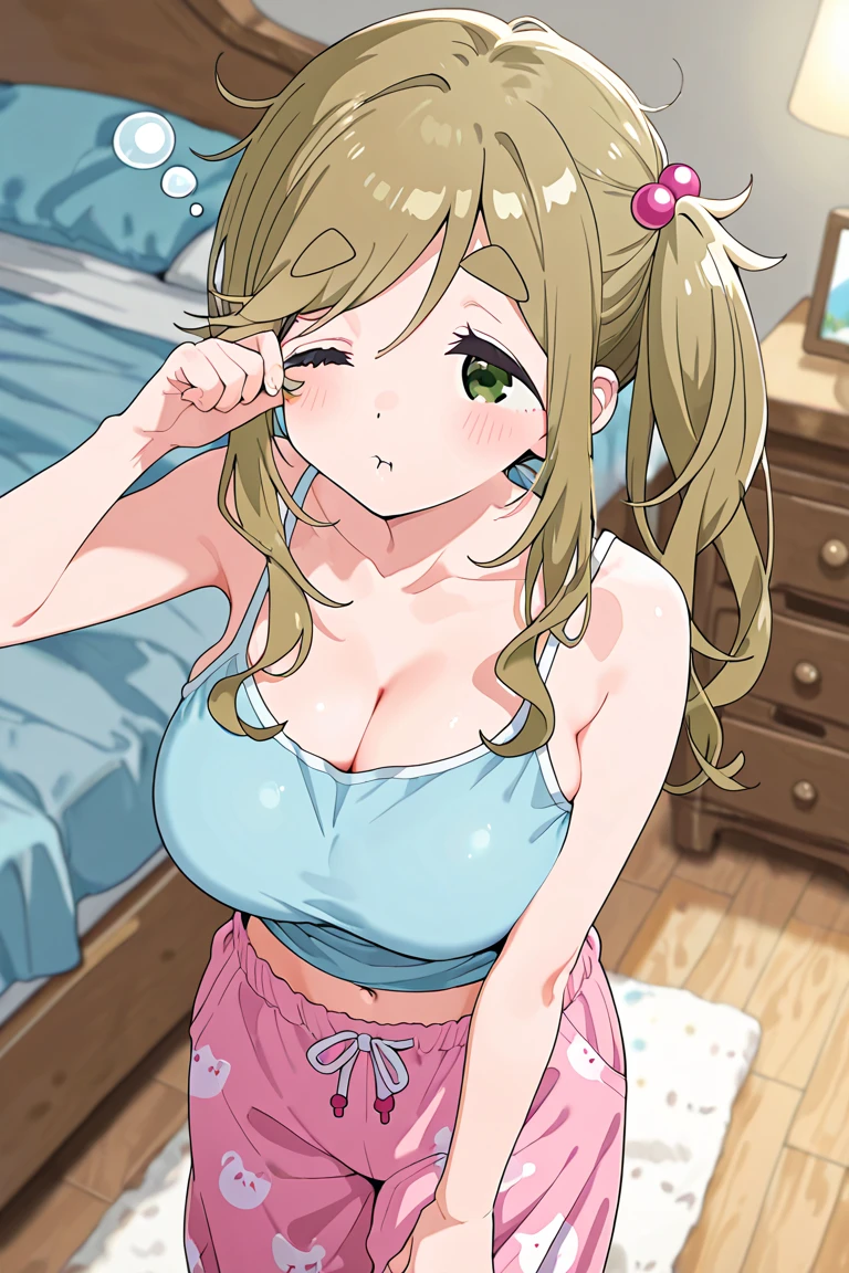 score_9, score_8_up, score_7_up, source_anime, rating_safe,super detailed , kotone-default,fujita kotone,brown eyes, blonde hair,twin braids,hair ornament,(white hairclip:0.8, (heart eyes),(heart in eyes),spoken heart,open mouth,bra,panties,dutch angle,small breast ,blush,beautiful face,beautiful eyes,details eyes,white background , handcuffed,steam,sweat