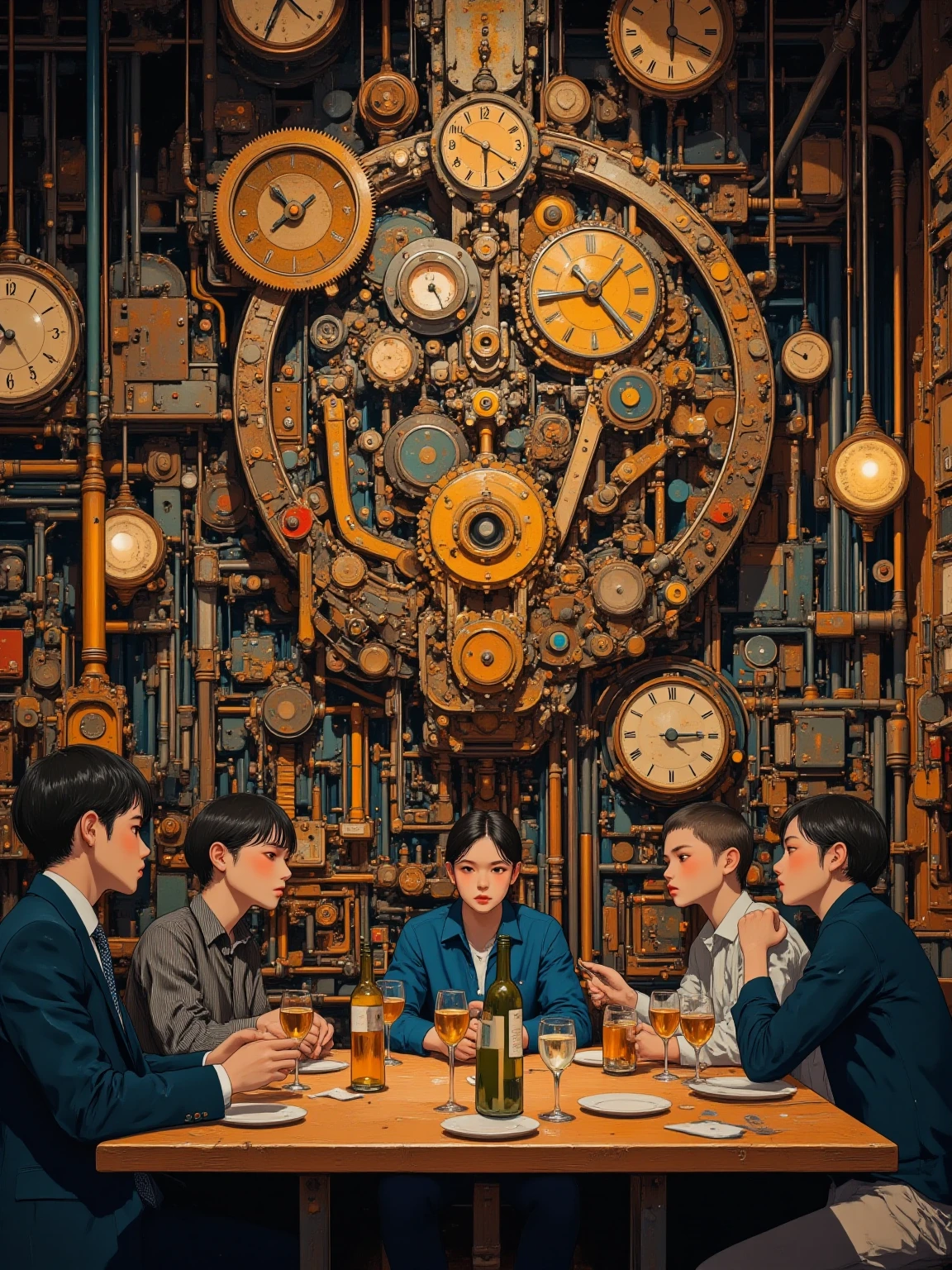 The image is a unique steampunk-themed restaurant scene with large cogs and clockwork machines adorning the entire restaurant,A female customer is sitting at a wooden table, Industrial-chic setting,Wines and drinks,dim, Ambient lighting enhances the atmosphere, highlighting the intricate mechanical details and numerous clock faces that adorn the space,gears and clocks of all sizes,In a creatively designed environment,Lively,An intimate dining experience, masterpiece,very real ,  Virgil Finley's style,asymmetrical background,full color , anatomically accurate, exquisite , vintage clock and gear on the background wall,casual restaurant setting, The focus is a woman in a blue shirt and jacket sitting in the center,sitting at the center table,lively yet relaxed atmosphere,is an enclosed space rather than open