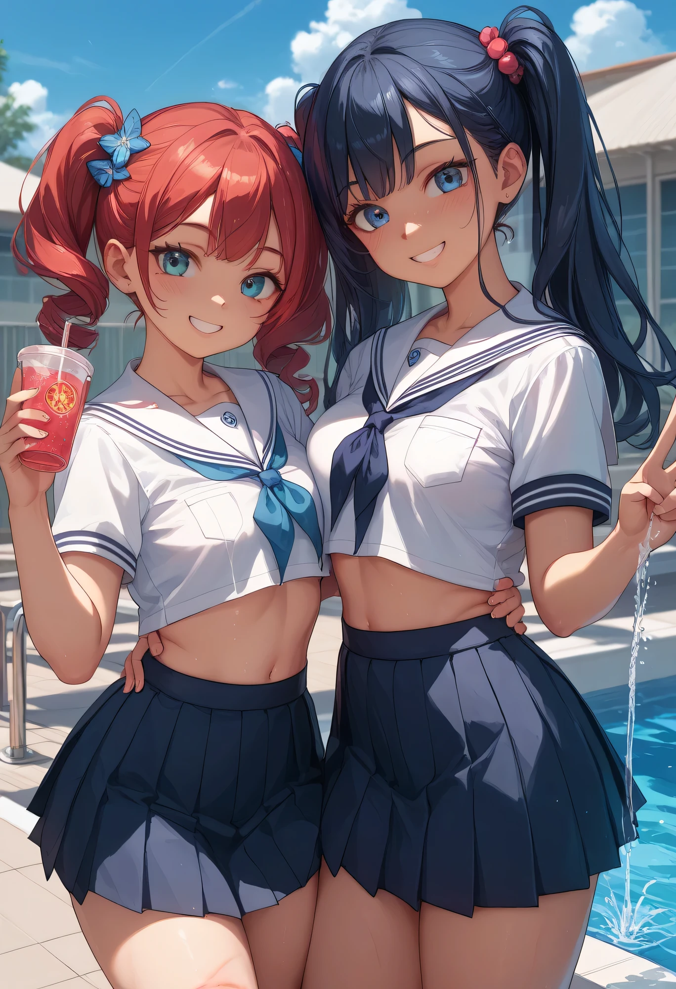 best quality、masterpiece、blue sky、school pool with drinking fountain、white sailor suit、dark blue pleated skirt、twin tails、peace sign、sunburn marks、 2 Women Seated 、Lift up the skirt and show off the white lace pants、smile、cute