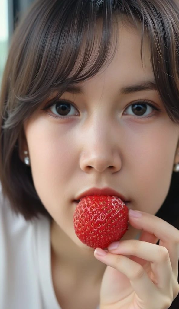 ((Best quality photo with a masterpiece level of detail and perfection in every element)) ((Showcasing a girl with a perfectly detailed face as she enjoys eating jelly)) Medium perspective capturing every intricate line and textures on her face and jelly, bringing out the realistic and authentic feel of the scene.