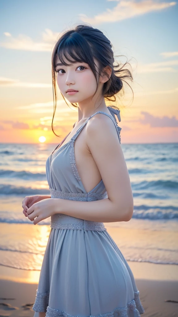 ((highest quality、8k、masterpiece:1.3))、Sharp focus:1.2、(Realistic、Photorealistic:1.37)、((Beautiful smile))、Focus on the viewer、Woman with beautiful face、(((32 years old)))、Pointed Chest、Long eyelashes、Colored Contact Lenses、big 、Delicate、Very fine grain、Very fine eyebrows、(Sharp eyebrows)、(Thin eyebrows)、Very very very detailed face、((Brunette short messy hair)),Dressed、Detailed Background(8k、masterpiece、highest quality、Raw photo)
Please draw a Japanese woman walking on Legian Beach in Bali.。In the background、Please describe the unique scenery of Legian Beach in detail.。
The wide white sand of Legian Beach、Please draw it so that it can be seen far into the distance。On the beach、The gentle waves are ebbing and flowing。
The vivid blue sea and clear blue sky spread out before you.、I can see the horizon in the distance。The sky is dotted with white clouds、Emphasizes the resort feel。
People enjoying surfing on the beach々、Tourists sunbathing、Beach chairs and colorful umbrellas are scattered around。Also、Make sure you also see the cafes and bars along the beach.。
Palm trees line the beach、It creates a tropical atmosphere.。
The time zone is evening、Draw the moment when the orange sun sinks into the ocean.。The light of the setting sun reflects on the sea surface、It creates a beautiful gradation。
Women are lightly dressed、Dressed appropriately for the beach。for example、Light-colored summer dresses, shorts and tank tops、Beach sandals, etc.。He is holding a straw hat and sunglasses in his hands.。
A woman is walking along the beach、Gazing at the sunset and smiling。In a relaxed manner、He is walking while holding his hat with his right hand.。
Women should wear simple accessories、for example腕にブレスレットや、She wears a small pendant around her neck.。
Picture a surfboard leaning against the wall nearby.。Emphasizes the surfing beach vibe。
A group of people enjoying beach volleyball in the distance、People jogging along the beach々Please add this to the description。