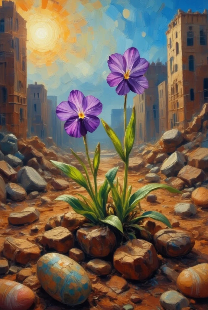 In a deserted city in rubble, where an apocalyptic explosion devastated and annihilated everything from the dry and cracked earth, a violet plant with two small green leaves, a symbol of hope, joy and resurrection, emerges., Happy Easter 