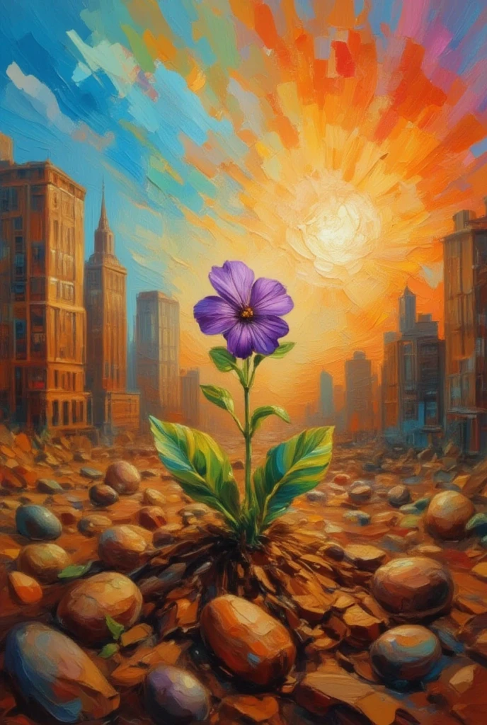 In a deserted city in rubble, where an apocalyptic explosion devastated and annihilated everything from the dry and cracked earth, a violet plant with two small green leaves, a symbol of hope, joy and resurrection, emerges., Happy Easter 