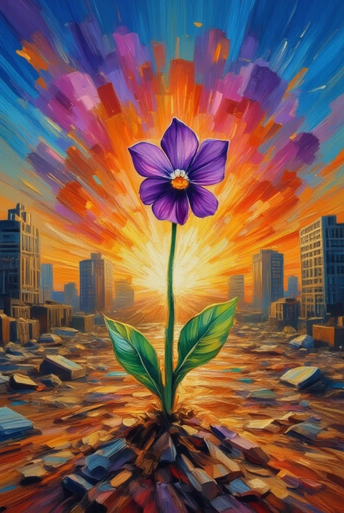 In a deserted city in rubble, where an apocalyptic explosion devastated and annihilated everything from the dry and cracked earth, a violet plant with two small green leaves, a symbol of hope, joy and resurrection, emerges., Happy Easter 
