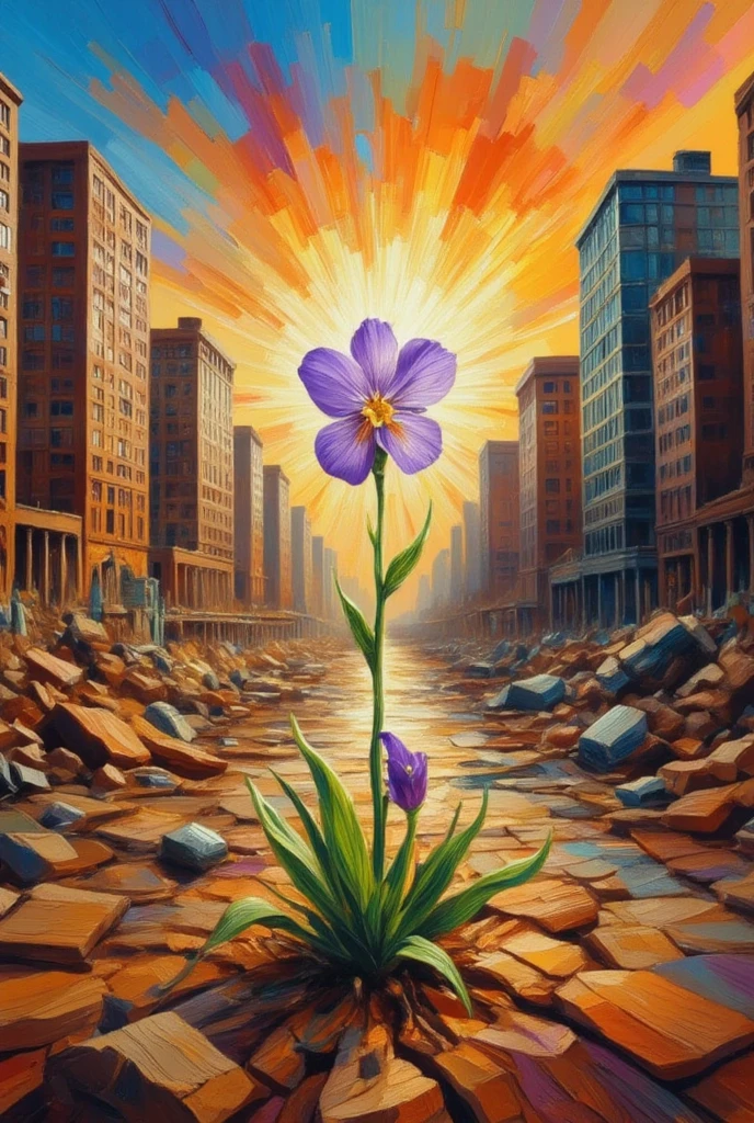 In a deserted city in rubble, where an apocalyptic explosion devastated and annihilated everything from the dry and cracked earth, a violet plant with two small green leaves, a symbol of hope, joy and resurrection, emerges., Happy Easter 