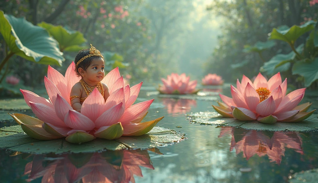 Lord Krishna as a baby, sitting on a pink lotus flower in a pond