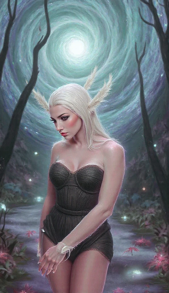 1girl, portrait of a sexy world of warcraft blood elf, long flowing blonde hair that blows against the wind gently, full body image of a slim fair skinned Elf with a tight waist a medium breasts, athletic, hand on hip looking down at viewer, beautiful face, dressed in robust and practical dark leather that covers her legs, black line tattoos that twist and turn over skin, exposed and bare shoulders and arms, partial cleavage showing, (carrying a silver sword on her back), (((long elven eyelashes))), pointy ears, youthful, perfect female body, narrow waist, medium breasts, ((seductive smirk)), parted lips, (detailed magical town background), ((elegant looks))
