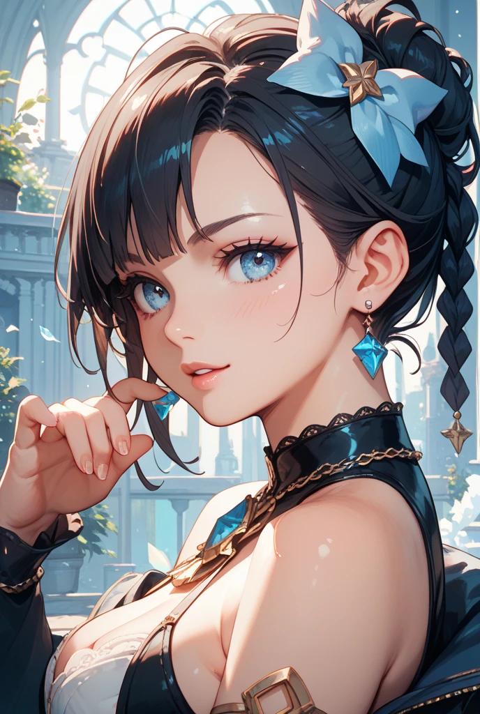 masterpiece, best quality, high quality, Very detailed CG uniform 8k wallpaper, 1 Girl, Solitary, Blue Hair, Tattoo, short hair, have, Jewelry, Smile, necklace, Looking at the audience, have, Practical, open mouth, teeth, Upper Body, Vest, nose, Bare shoulders, Artist Name, Black headdress, clavicle, arm Tattoo, blue eyes, Lips, Vague, painting, Award-winning photography, Bokeh, Depth of Field, HDR, bloom, Chromatic Aberration, realism, Very detailed, artstation Intricacy, High Detail, dramatic, midjourney's Artwork