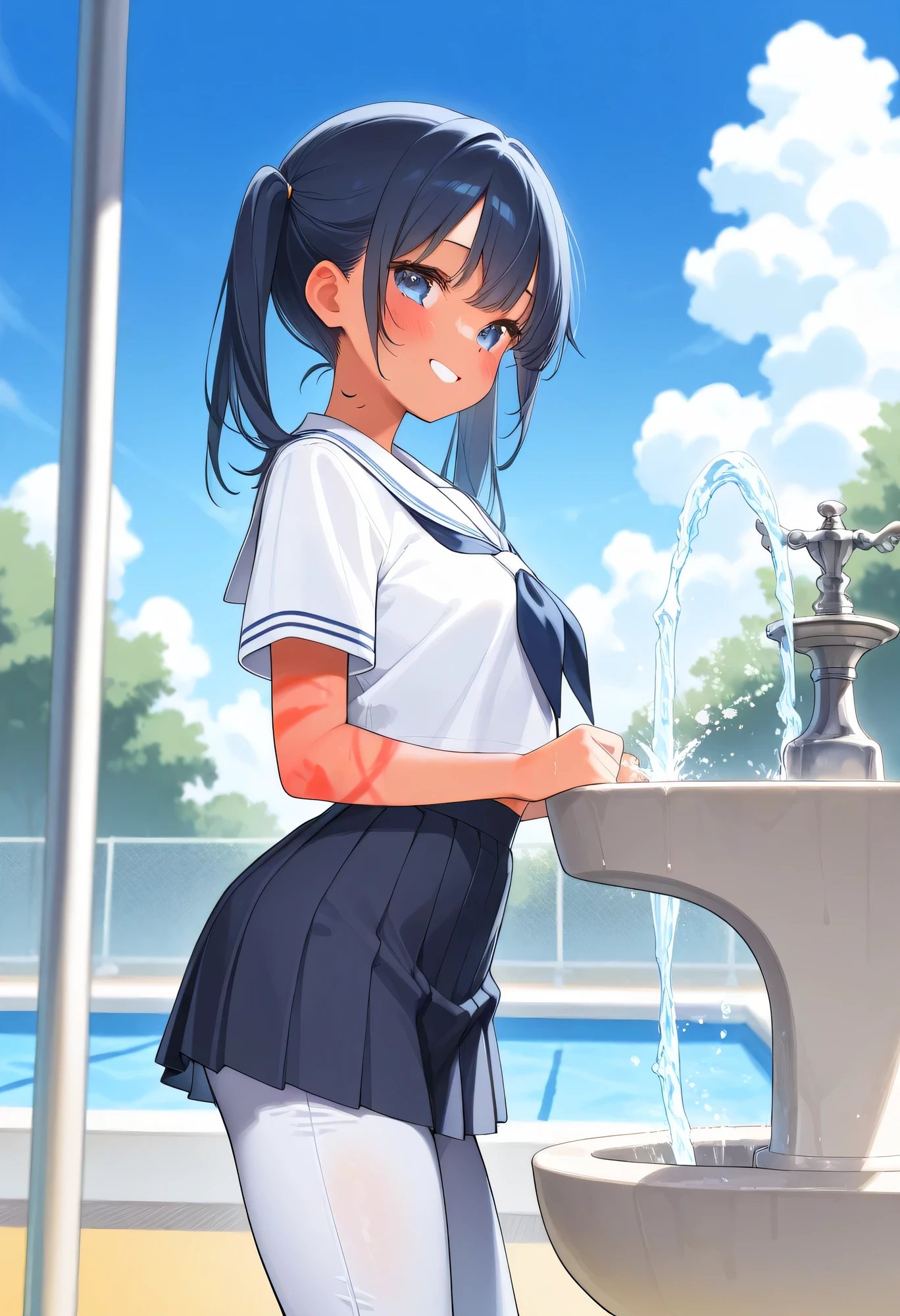 best quality、masterpiece、blue sky、school pool with drinking fountain、white sailor suit、dark blue pleated skirt、twin tails、peace sign、sunburn marks、 2 Women Seated 、Lift up the skirt and show off the white lace pants、smile、cute