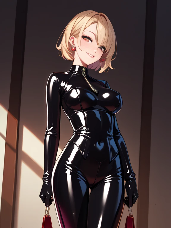 Blonde,ponytail,Black tight suit,blue eyes,Large Breasts,Slender,Serious face,blush,rain,lamp,forest,night,Backwards,back,Butt