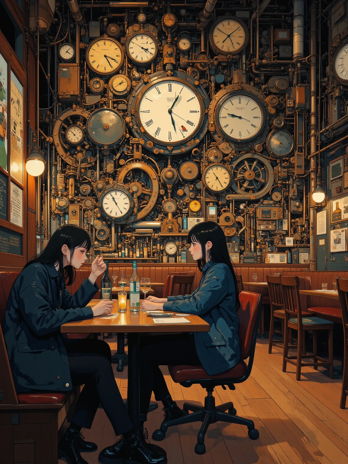 The image is a unique steampunk-themed restaurant scene with large cogs and clockwork machines adorning the entire restaurant,A female customer is sitting at a wooden table, Industrial-chic setting,Wines and drinks,dim, Ambient lighting enhances the atmosphere, highlighting the intricate mechanical details and numerous clock faces that adorn the space,gears and clocks of all sizes,In a creatively designed environment,Lively,An intimate dining experience, masterpiece,very real ,  Virgil Finley's style,asymmetrical background,full color , anatomically accurate, exquisite , vintage clock and gear on the background wall,casual restaurant setting, The focus is a woman in a blue shirt and jacket sitting in the center,sitting at the center table,lively yet relaxed atmosphere,is an enclosed space rather than open