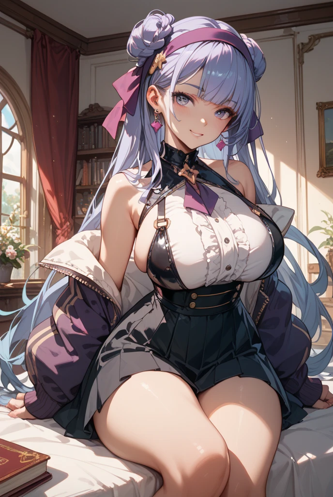 young girl, long curly lilac hair, violet eyes, Sheep horns, princess dress, open breasts, large breasts, sitting in a wheelchair, Masterpiece, hiquality, higly detailed, HD, 4k