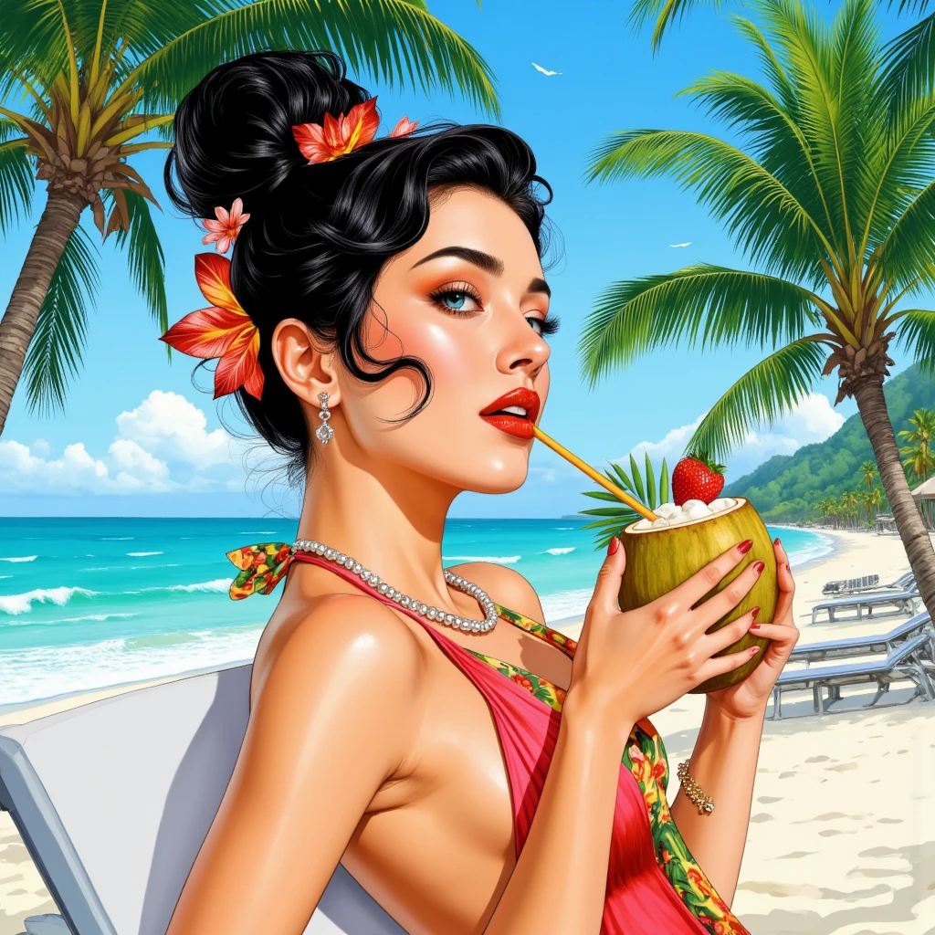 Create an artistic style illustration of a brunette woman with green eyes, big and seductive, with long black hair. Sipping a margarita on a Caribbean beach