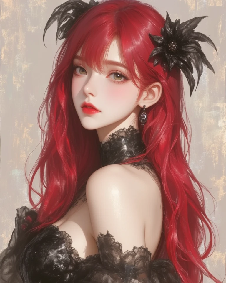 ((Premium)), ((masterpiece)), (details)、Red straight hair that goes down to the waist、straight bangs、Gray-green eyes、Gothic Fantasy 、smile、delicate body、Asahi、Flower spot on neck, big , greek goddess, earrings, red hair, Black Dress, mature woman, black feather hair accessories, Hera, hera