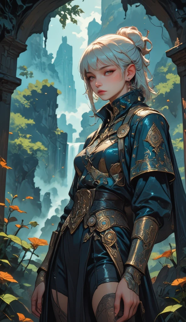 ((Solo, a elf woman)), ( elf hunter), (image is covering head to knee), dynamic posture, dynamic shot, perfect lighting, detailed perfect face, detailed eyes, detailed lips, characteristic of elf’s ear, attractive , (pearl white skin:1.1), (high detail, fluttering silver middle hair, updo, sleek bangs), (detailed hunter clothing, intricate beautiful, ancient design outer and short pants, hoop earrings and pendant ), (ancient items, fantasy, ancient products ,((intricate designed bow and arrows)), intricate decorated), ancient magician outfit, fantasy, (extremely detailed background, rich in nature, The forest is abundant in nature, Rich in greenery, great waterfalls, background), score_9, score_8_up, score_7_up, source_Anime, outstanding quality, best masterpiece, anatomically accurate rendering, ,4K,8K, ultra HD, very detailed, intricate detail, best quality, incredibly absurdres, high resolution, perfect , visual appealing, intricate character design, mystical,