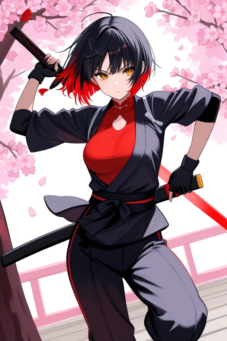 estilo anime, best possible quality, muito detalhes, jovem adulto sexy mulheres ninjas, Tinny, ethnic random, random hair color, vestido preto com decote, mostrar parte dos peitos, botas ninja, faixas, armas ninja randon katana shurikens nunchaco, antiga vila feudal .