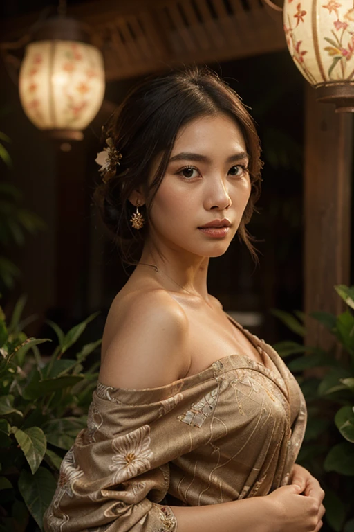 A realistic digital portrait of a Southeast Asian woman wearing a luxurious traditional kebaya in rich brown brocade. The kebaya is intricately embroidered with delicate floral and nature motifs, subtly shimmering under soft lighting. Draped over her shoulders is a majestic red shawl with detailed black botanical patterns, adding a bold contrast to her elegant look. She pairs the outfit with a batik sarong in complementary earthy tones. Her hair is styled in a classic low bun with elegant accessories. The setting is softly lit with warm hanging lanterns and floral arrangements, giving a dreamy, festive ambiance. Editorial fashion photography style, semi-realistic rendering