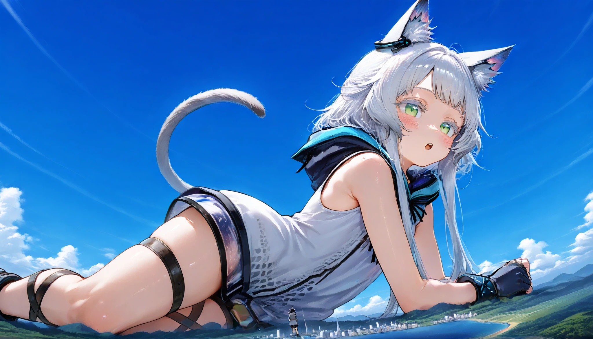 score_9_up, score_8_up, score_7_up, source_anime,頬を地面に押し付ける, ( giantess:1.1), microcity, on stomach, rosmontis \(arknights\), cat ears, cat tail, cat girl, white hair, short hair with long locks, white eyelashes, colored eyelashes, (aged_down:1.4), (leg straps:1.4), bare arms, black gloves, cute, cute face, cat tail, flat chest, blush, (open mouth:0.7), looking here, (from below:1.4),柔らかな頬